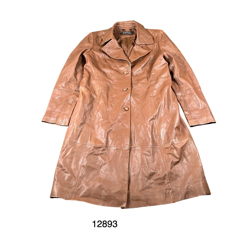Badgley Mischka Leather Trench Coat Womens M Brown Excellent Mid Length 68172